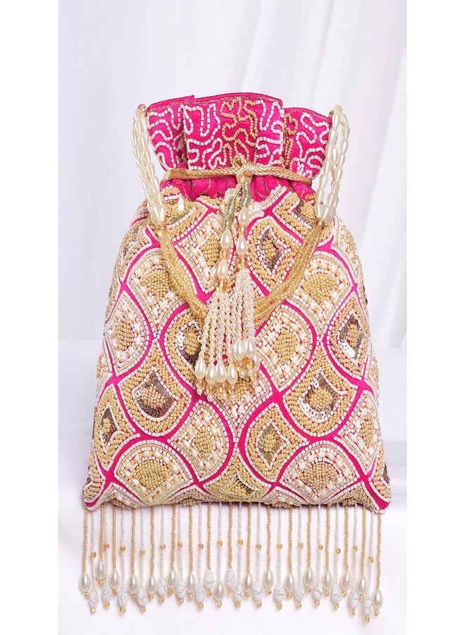 Peora Rani Pink Ethnic Embroidered Potli Bag for Women Fancy Evening Bridal Wristlet Purse Bag for Girls - Image 4